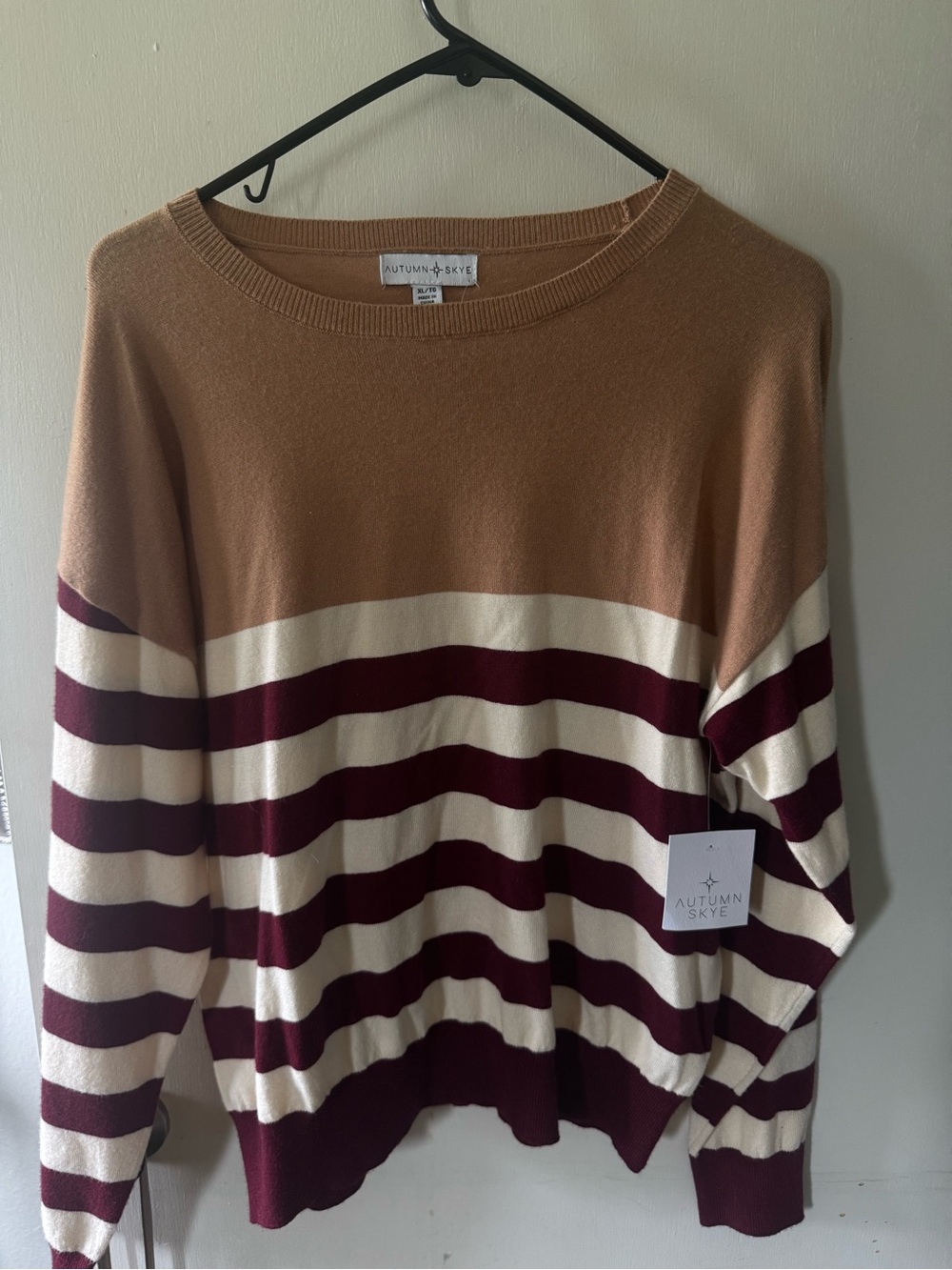 Striped Crewneck Sweater in Camel, Cream & Burgundy